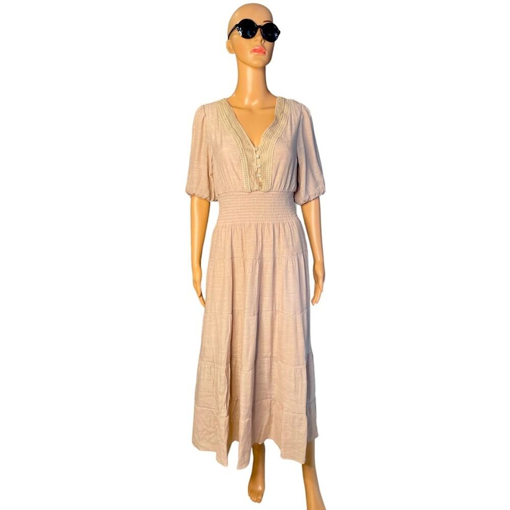 J Gee tan short sleeve boho prairie maxi dress size PL